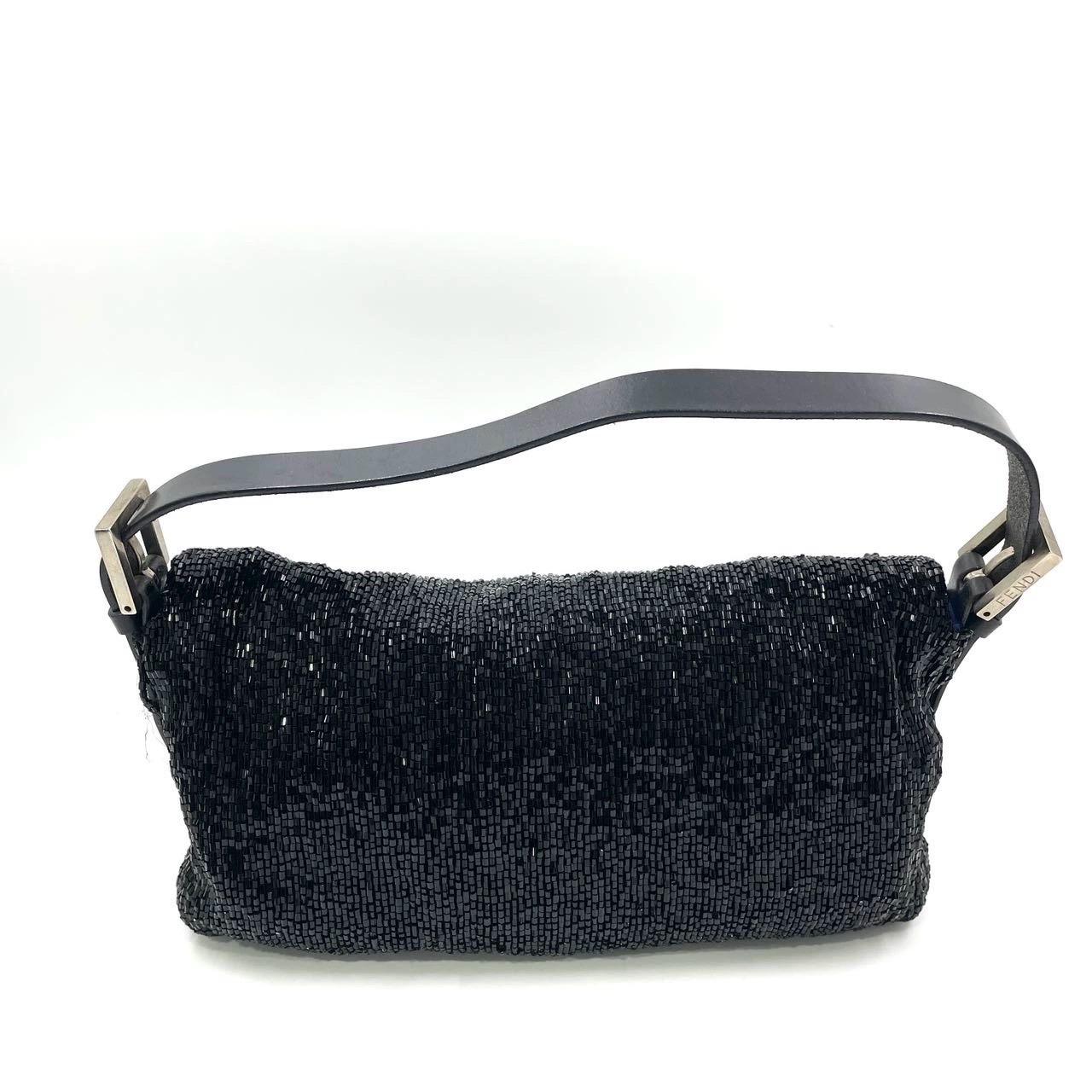 Women's Fendi Baguette Vintage Black Glitter Beads Shoulder Bag Blue Satin Interior For Sale