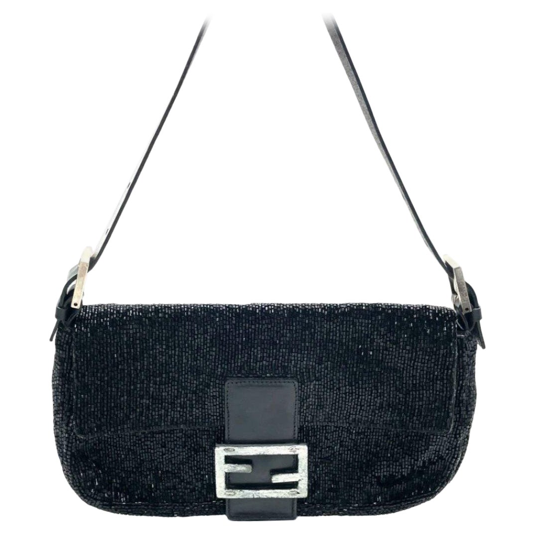 Fendi Baguette Vintage Schwarz Glitter Perlen Umhängetasche