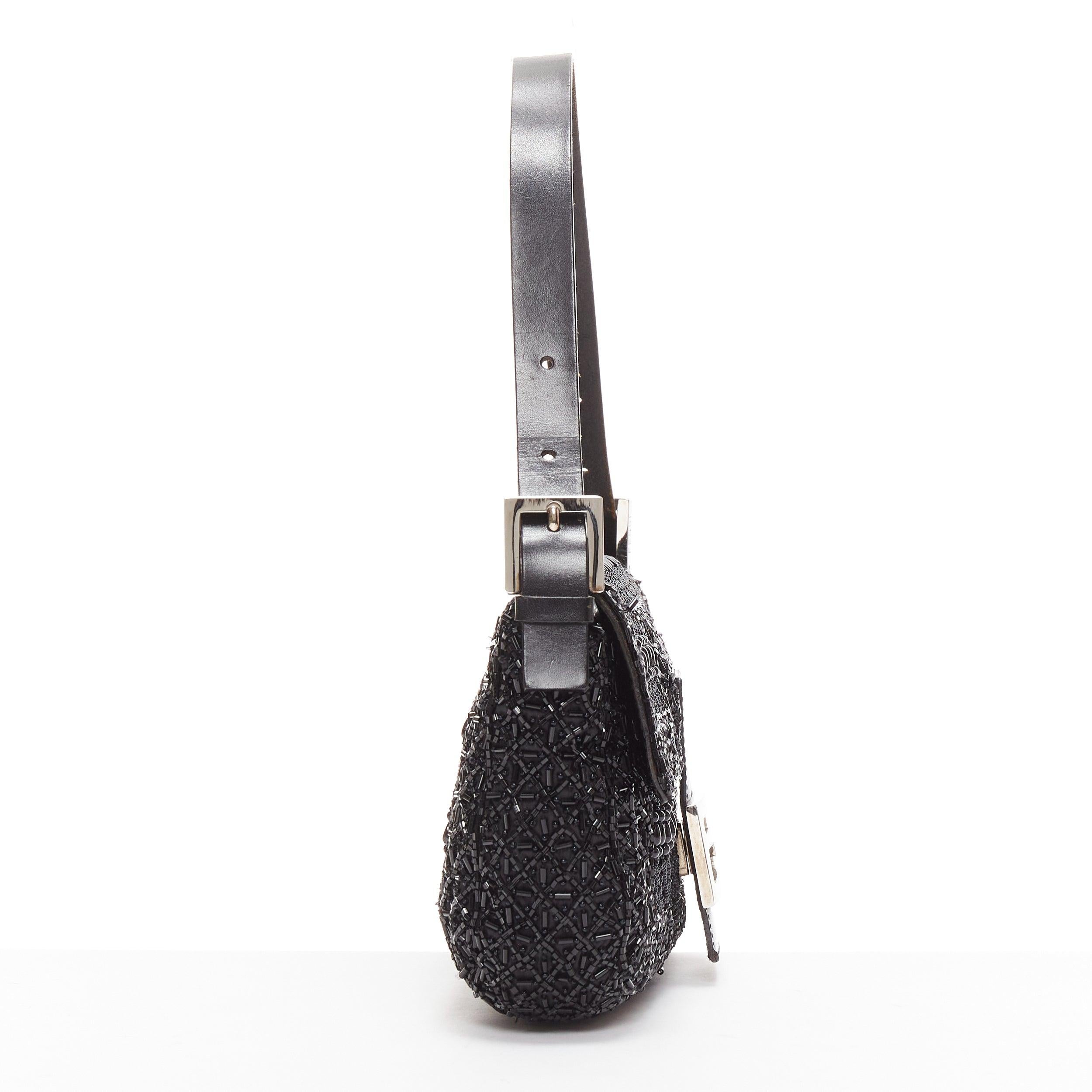 Women's FENDI Baguette Vintage black intricate beaded FF logo black leather buckle bag