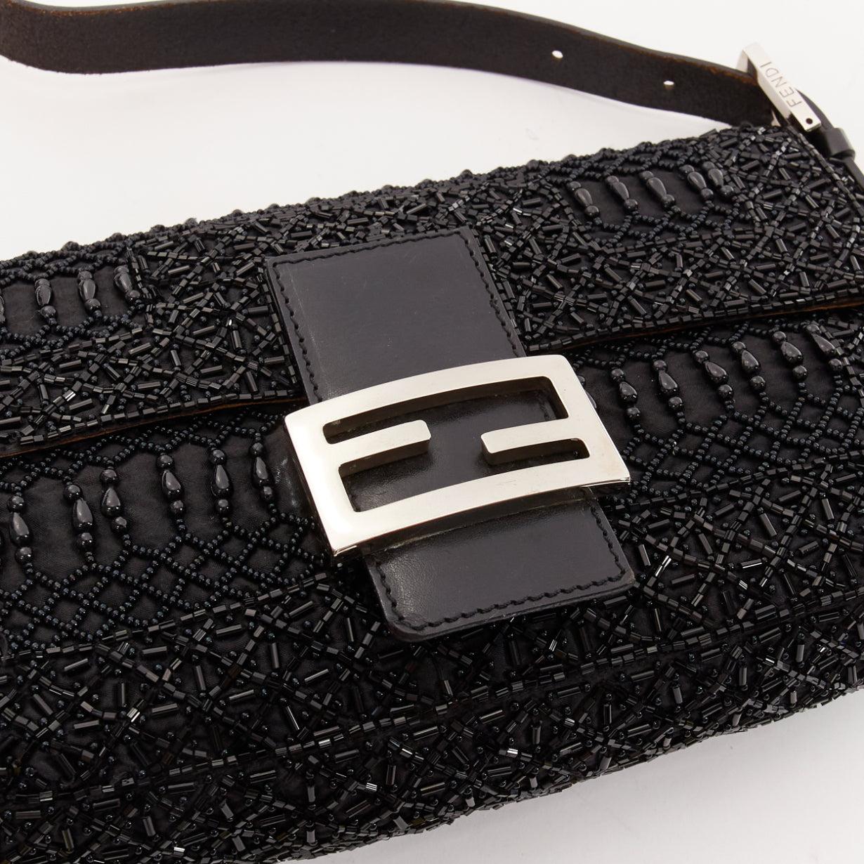 FENDI Baguette Vintage black intricate beaded FF logo black leather buckle bag 2