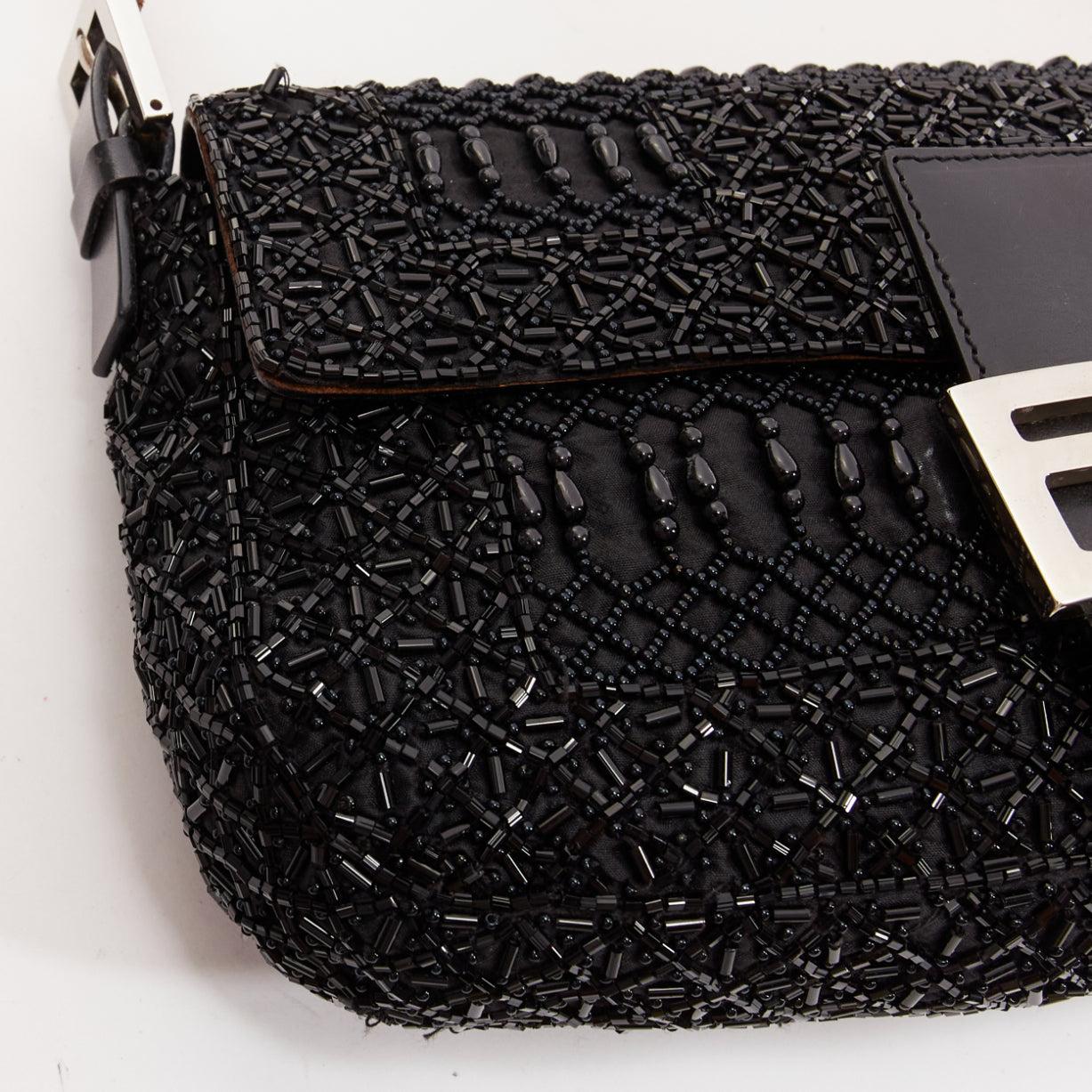 FENDI Baguette Vintage black intricate beaded FF logo black leather buckle bag 3