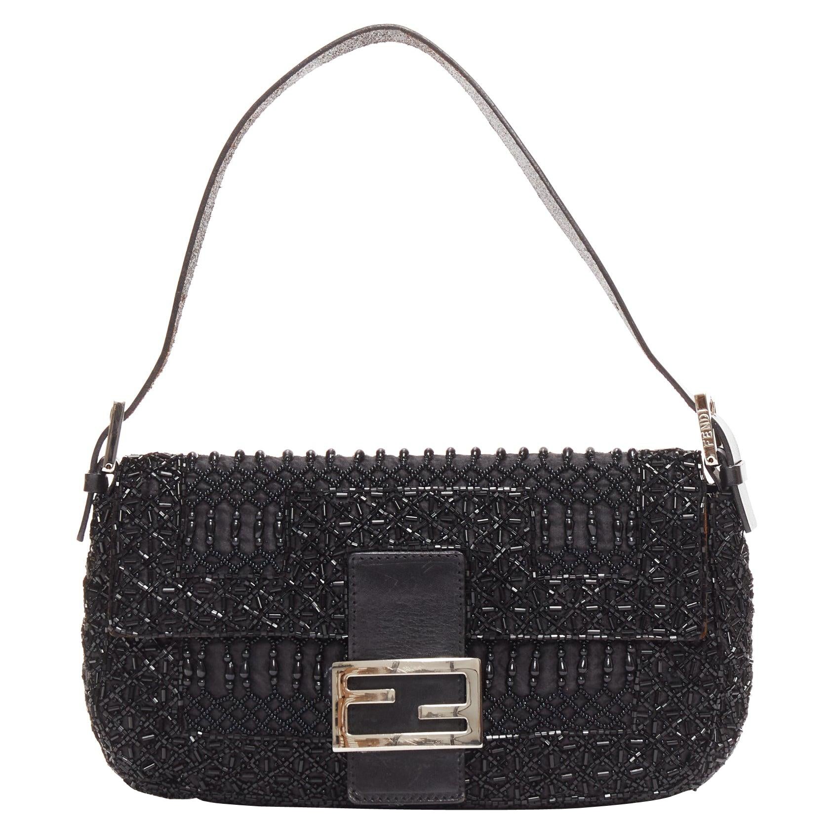FENDI Baguette Vintage black intricate beaded FF logo black leather buckle bag