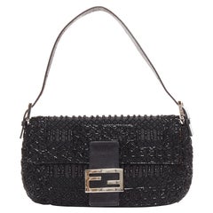 FENDI Baguette Vintage black intricate beaded FF logo black leather buckle bag
