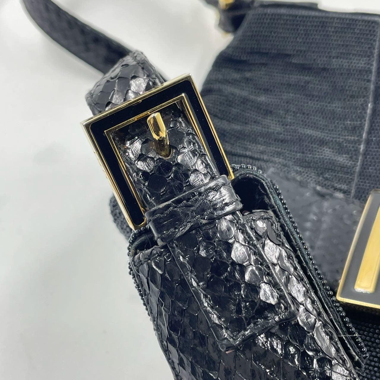 Fendi Baguette Vintage Black Round Beads with Snake Skin Strap 10
