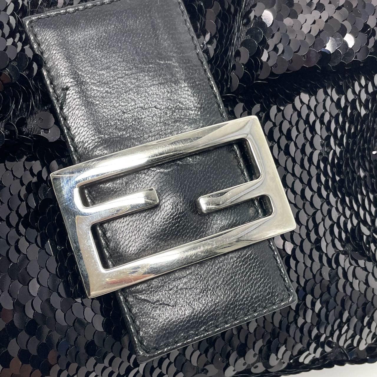 Fendi Baguette Vintage Black Sequins and Leather For Sale 12