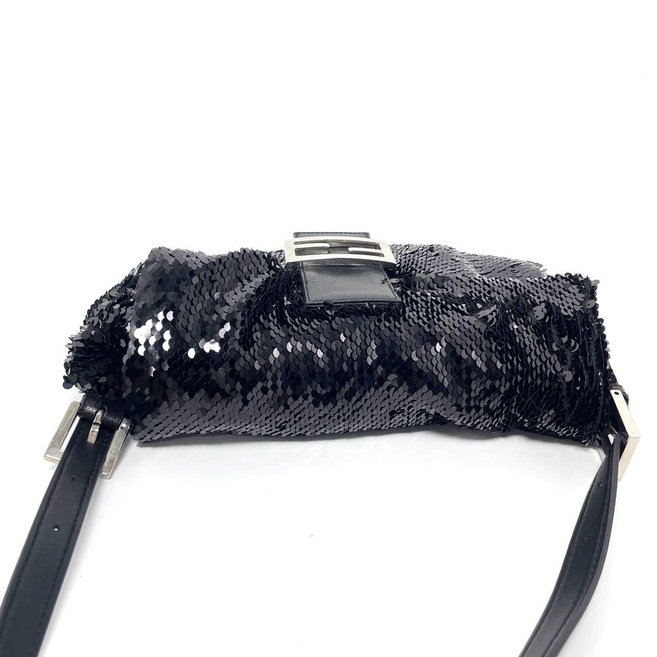 Women's Fendi Baguette Vintage Black Sequins and Leather For Sale