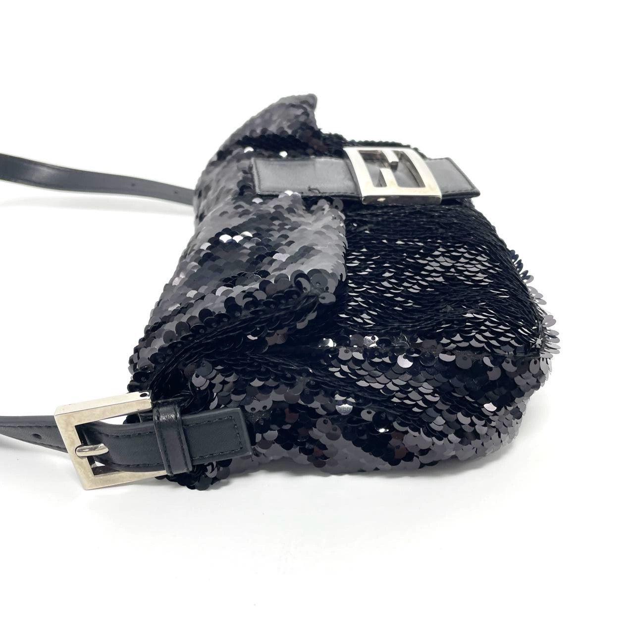 Fendi Baguette Vintage Black Sequins and Leather For Sale 1