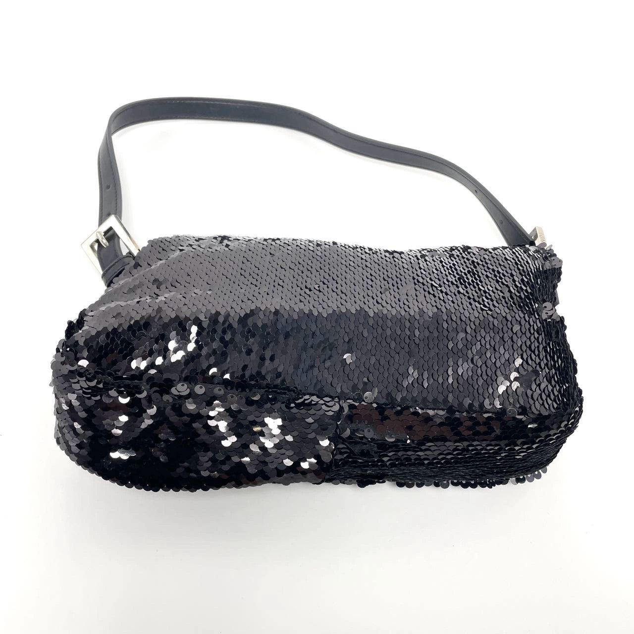 Fendi Baguette Vintage Black Sequins and Leather For Sale 2