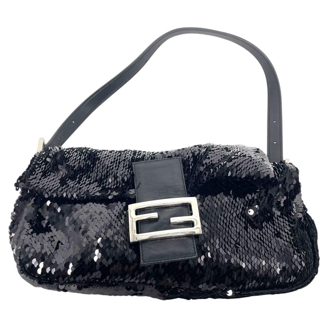 Fendi Baguette Vintage Black Sequins and Leather For Sale
