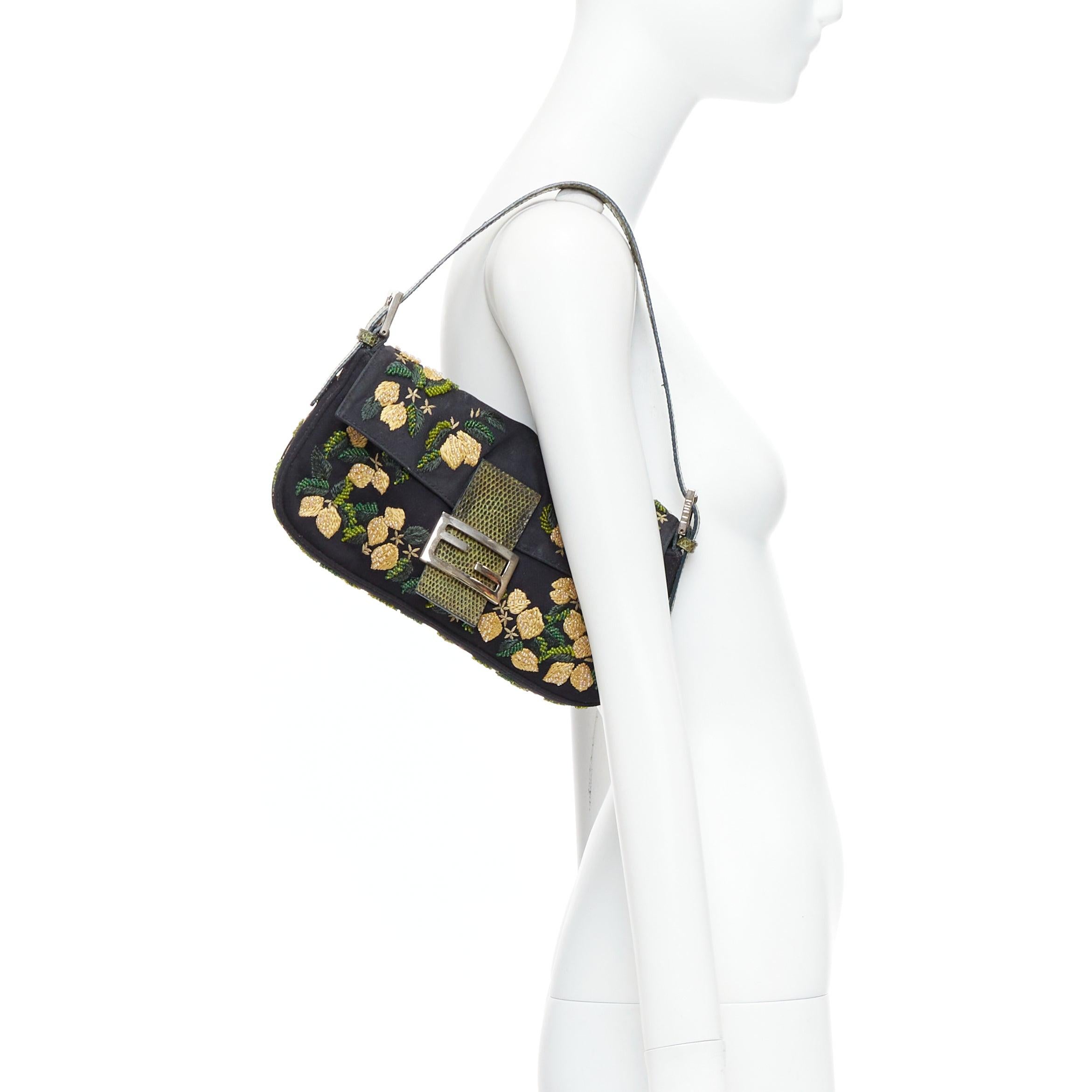 FENDI Baguette Vintage black yellow beaded flower scaled leather underarm bag
Reference: TGAS/E00081
Brand: Fendi
Model: Baguette
Material: Fabric, Leather
Color: Black, Yellow
Pattern: Floral
Closure: Magnet
Lining: Green Fabric
Extra Details: