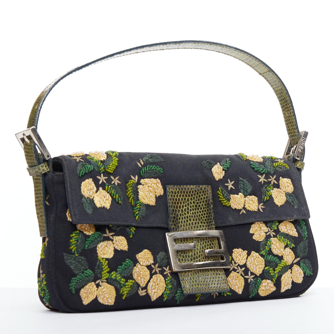 FENDI Baguette Vintage black yellow beaded flower scaled leather underarm bag In Fair Condition In Hong Kong, NT