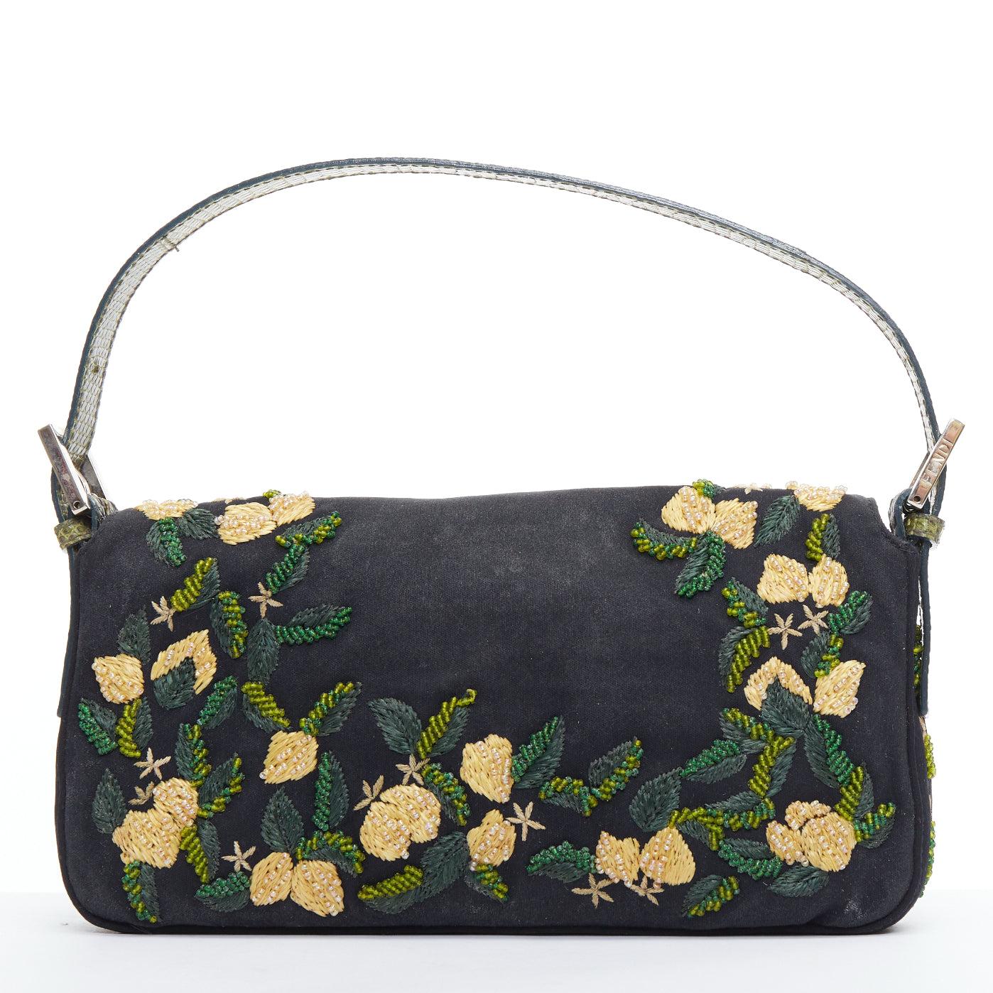 Women's FENDI Baguette Vintage black yellow beaded flower scaled leather underarm bag