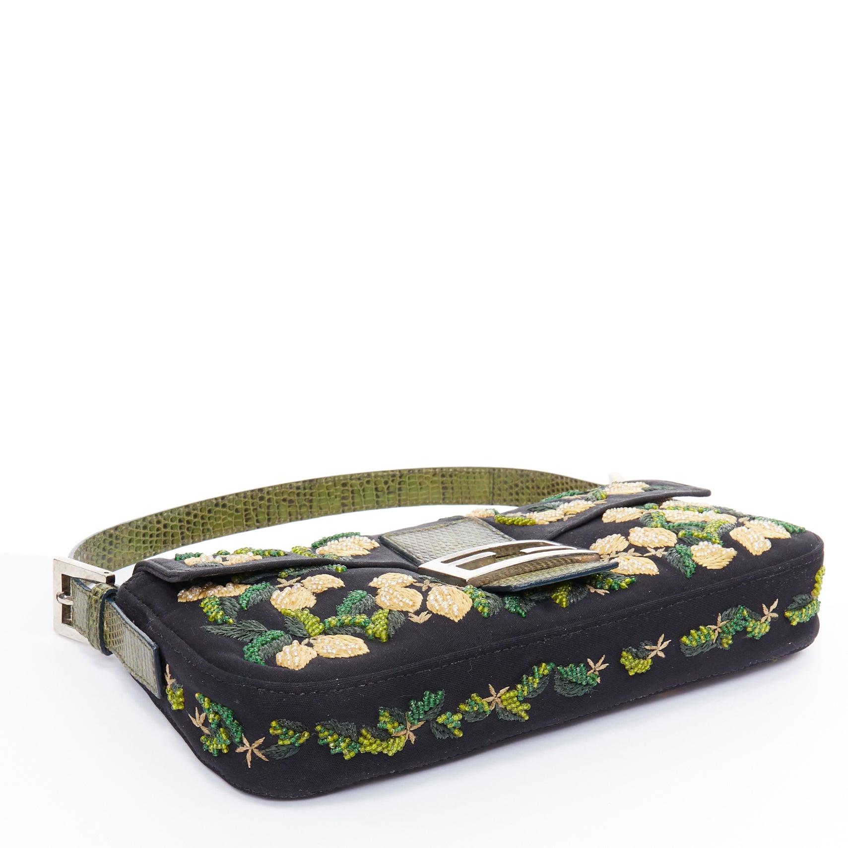 FENDI Baguette Vintage black yellow beaded flower scaled leather underarm bag 1