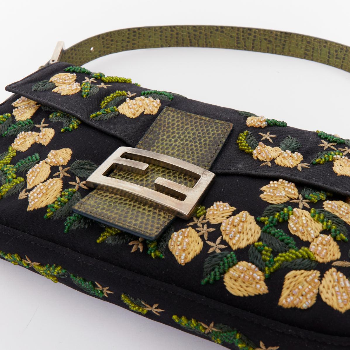 FENDI Baguette Vintage black yellow beaded flower scaled leather underarm bag 2