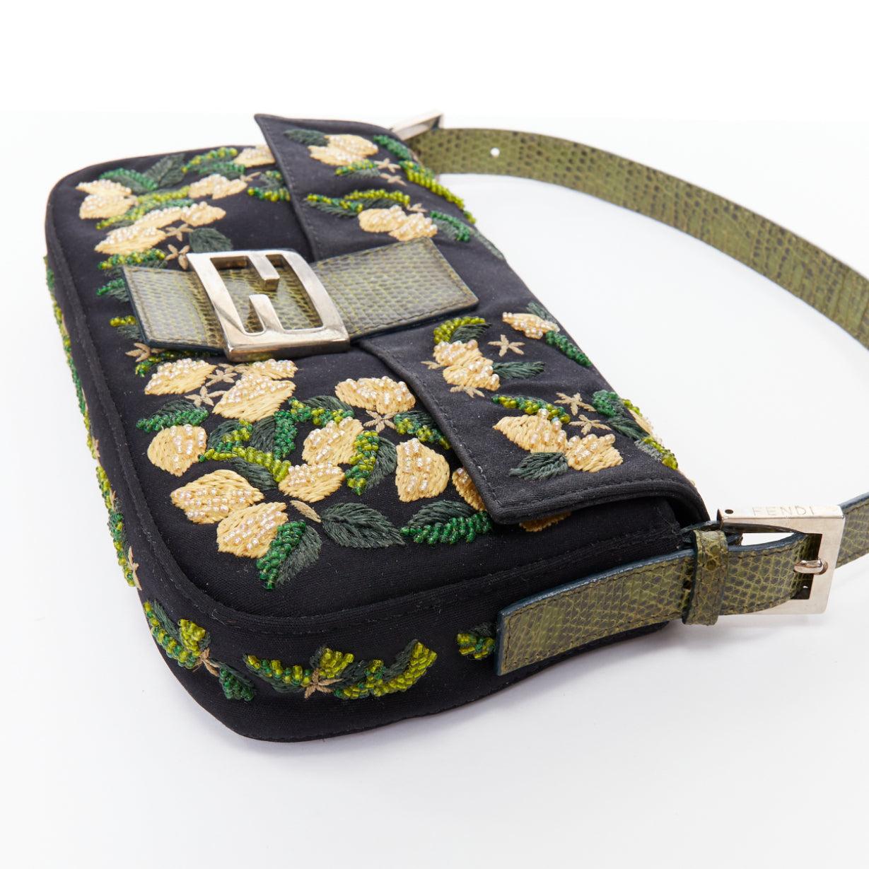 FENDI Baguette Vintage black yellow beaded flower scaled leather underarm bag 3