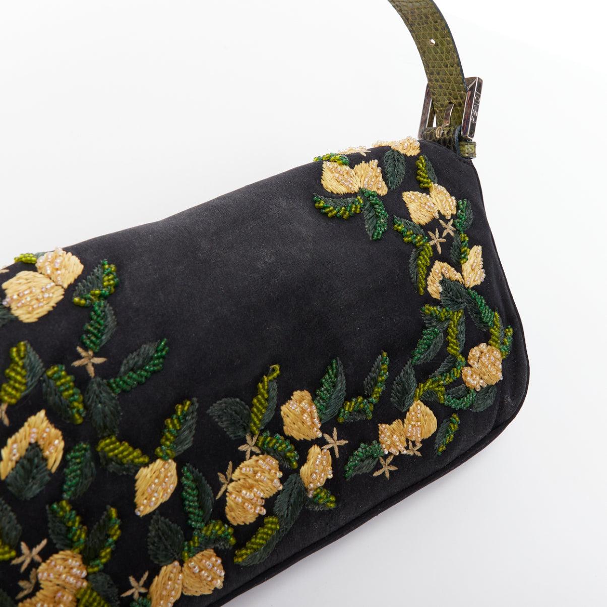 FENDI Baguette Vintage black yellow beaded flower scaled leather underarm bag 4