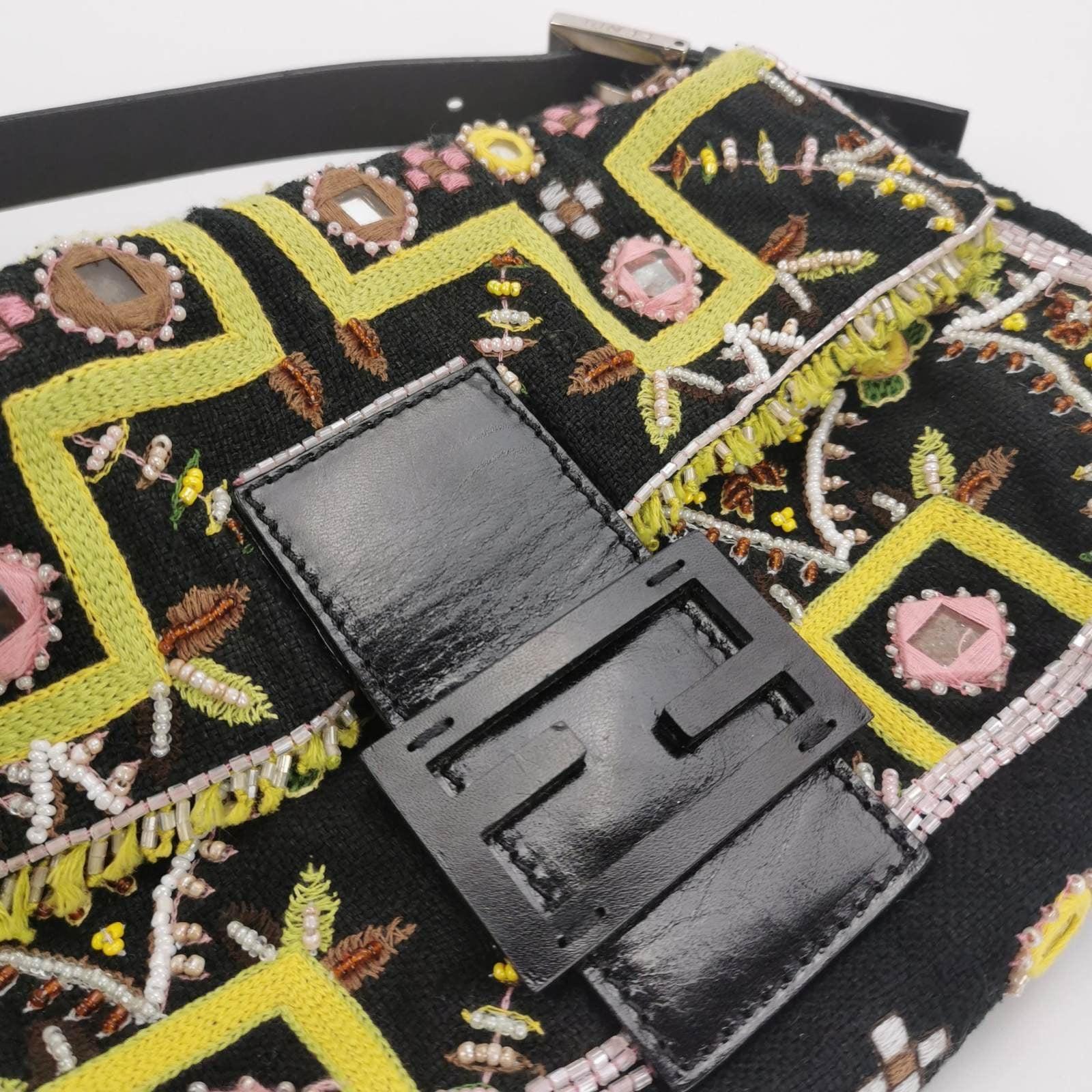 Fendi Baguette Vintage Brown Canvas with embroidery sequins mirrors and tassels 5