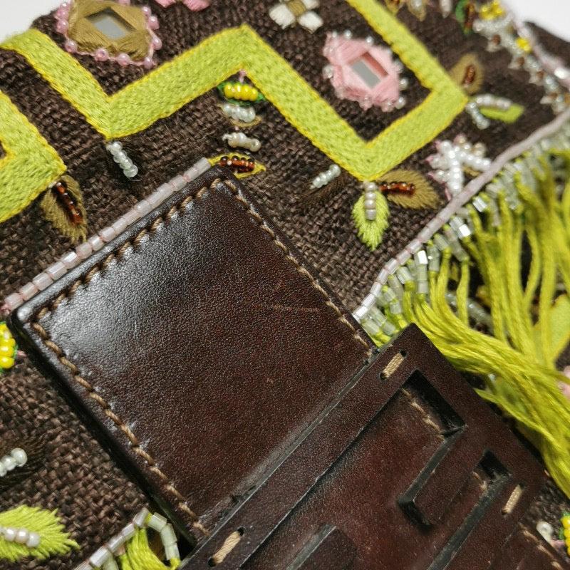 Fendi Baguette Vintage Brown Canvas with embroidery sequins mirrors and tassels 9