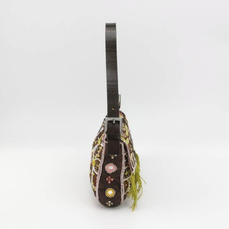Fendi Baguette Vintage Brown Canvas with embroidery sequins mirrors and tassels In Good Condition In AUBERVILLIERS, FR