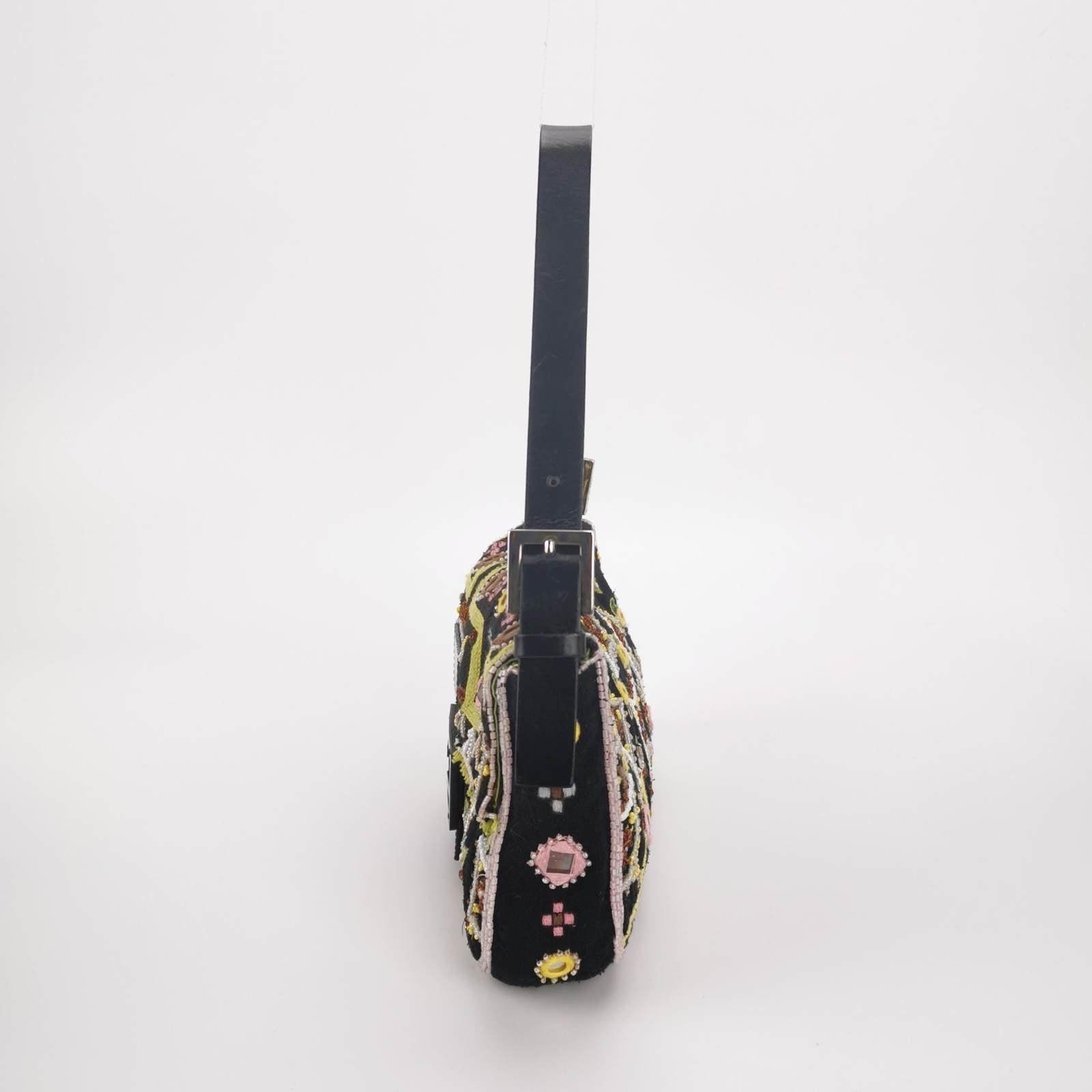 Black Fendi Baguette Vintage Brown Canvas with embroidery sequins mirrors and tassels