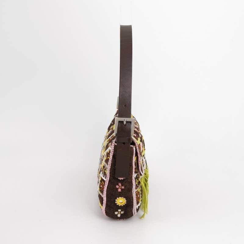 Fendi Baguette Vintage Brown Canvas with embroidery sequins mirrors and tassels In Excellent Condition In AUBERVILLIERS, FR