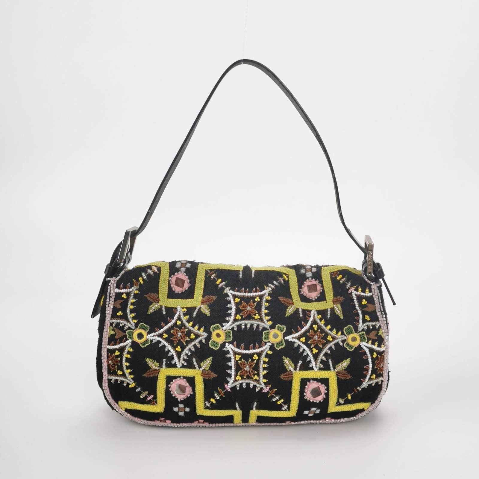 Fendi Baguette Vintage Brown Canvas with embroidery sequins mirrors and tassels In Excellent Condition In AUBERVILLIERS, FR