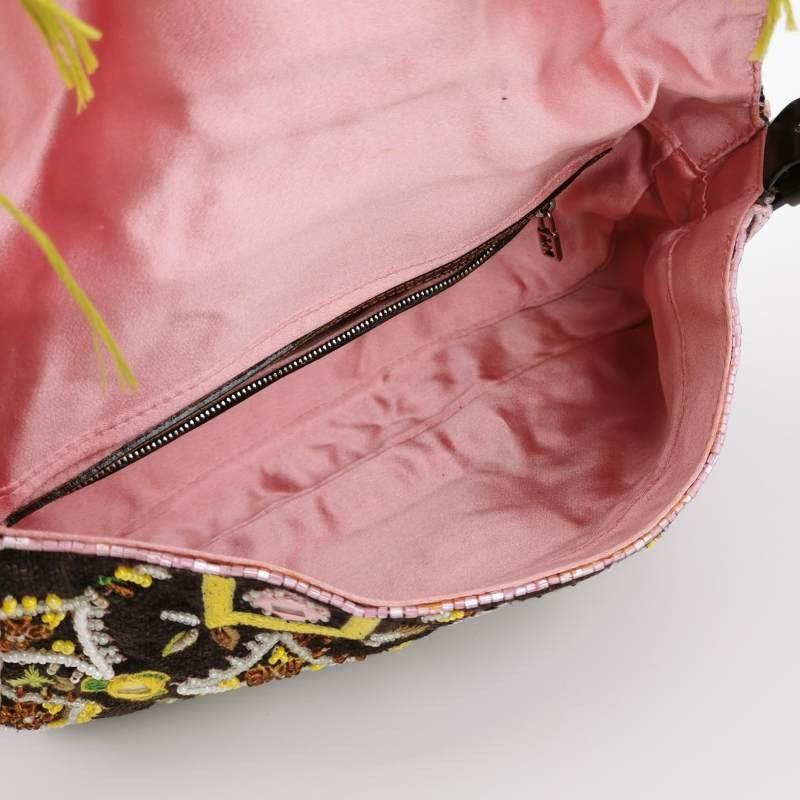 Women's Fendi Baguette Vintage Brown Canvas with embroidery sequins mirrors and tassels