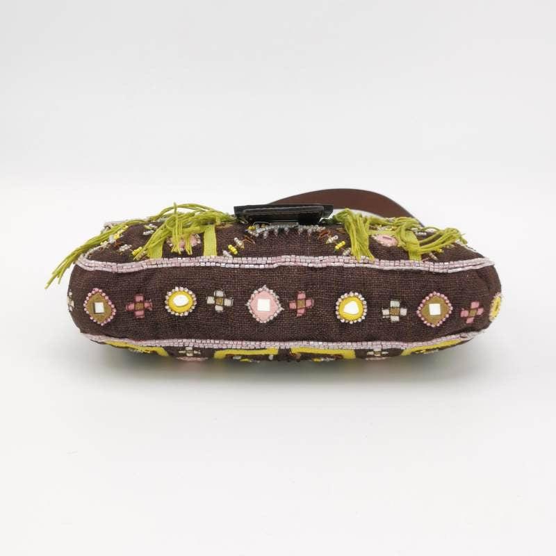 Fendi Baguette Vintage Brown Canvas with embroidery sequins mirrors and tassels 1