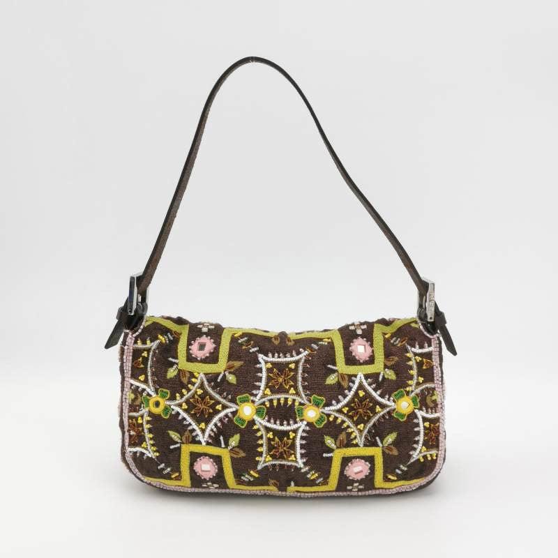 Fendi Baguette Vintage Brown Canvas with embroidery sequins mirrors and tassels 2