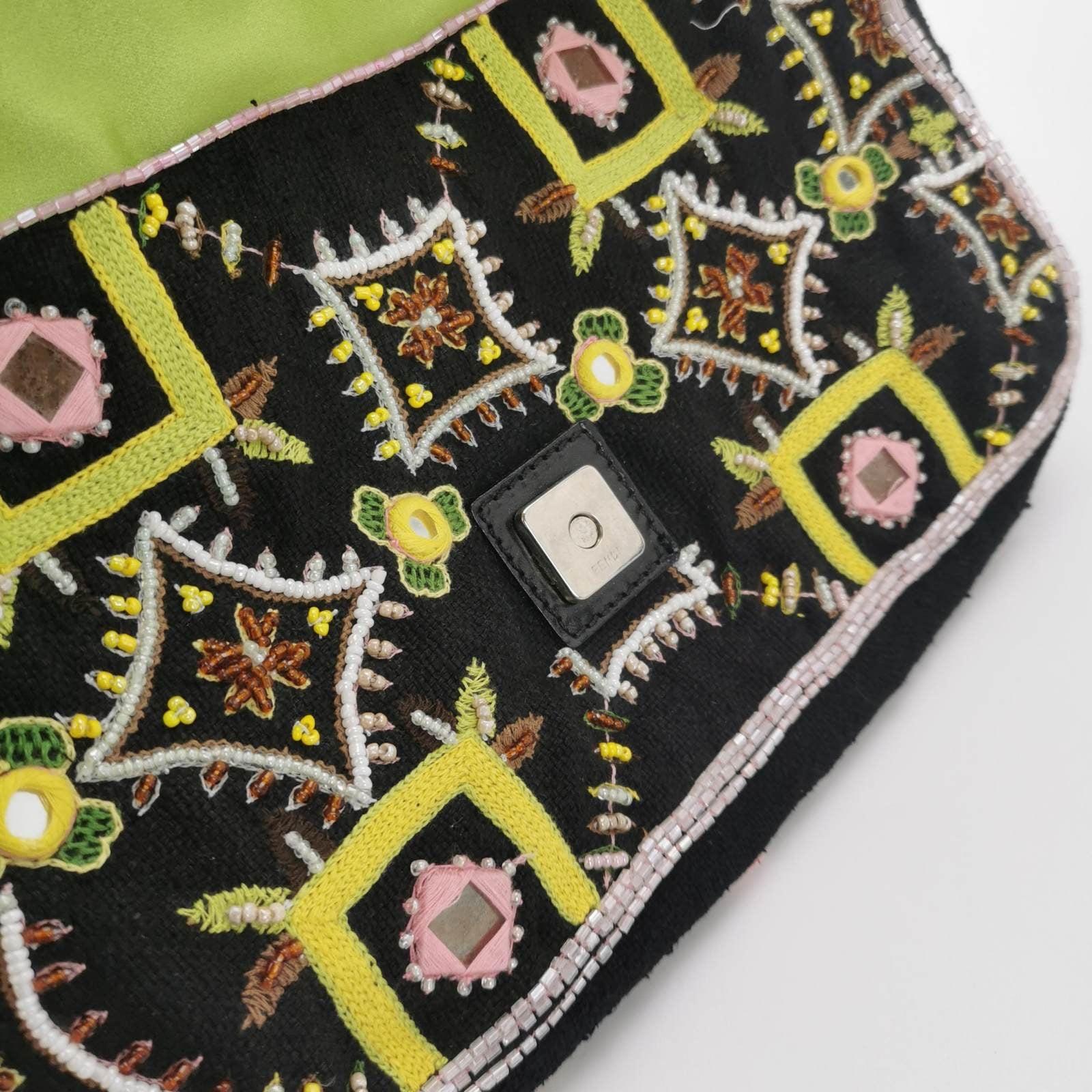 Fendi Baguette Vintage Brown Canvas with embroidery sequins mirrors and tassels 1
