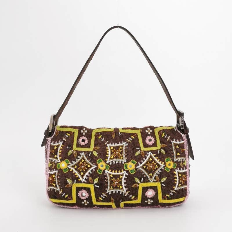 Fendi Baguette Vintage Brown Canvas with embroidery sequins mirrors and tassels 2