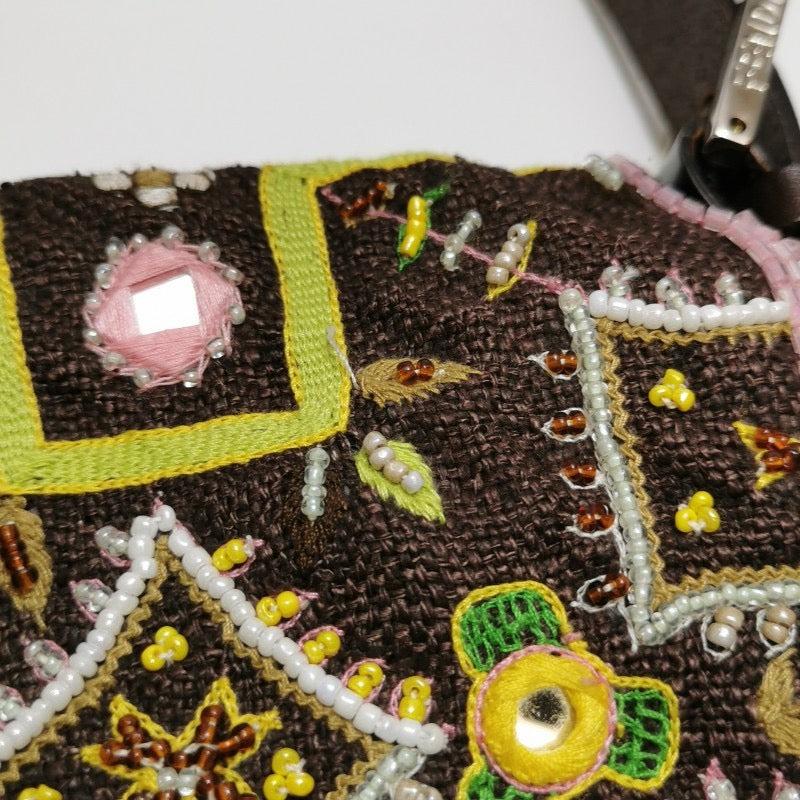 Fendi Baguette Vintage Brown Canvas with embroidery sequins mirrors and tassels 3