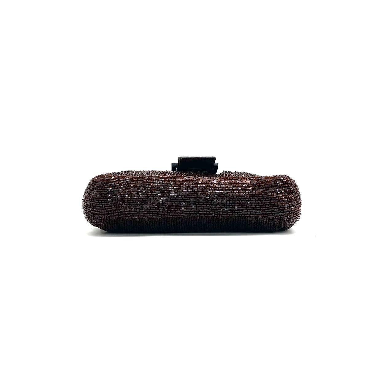 Fendi Baguette Vintage Dark Chocolate Brown Glitter Beads In Excellent Condition In AUBERVILLIERS, FR