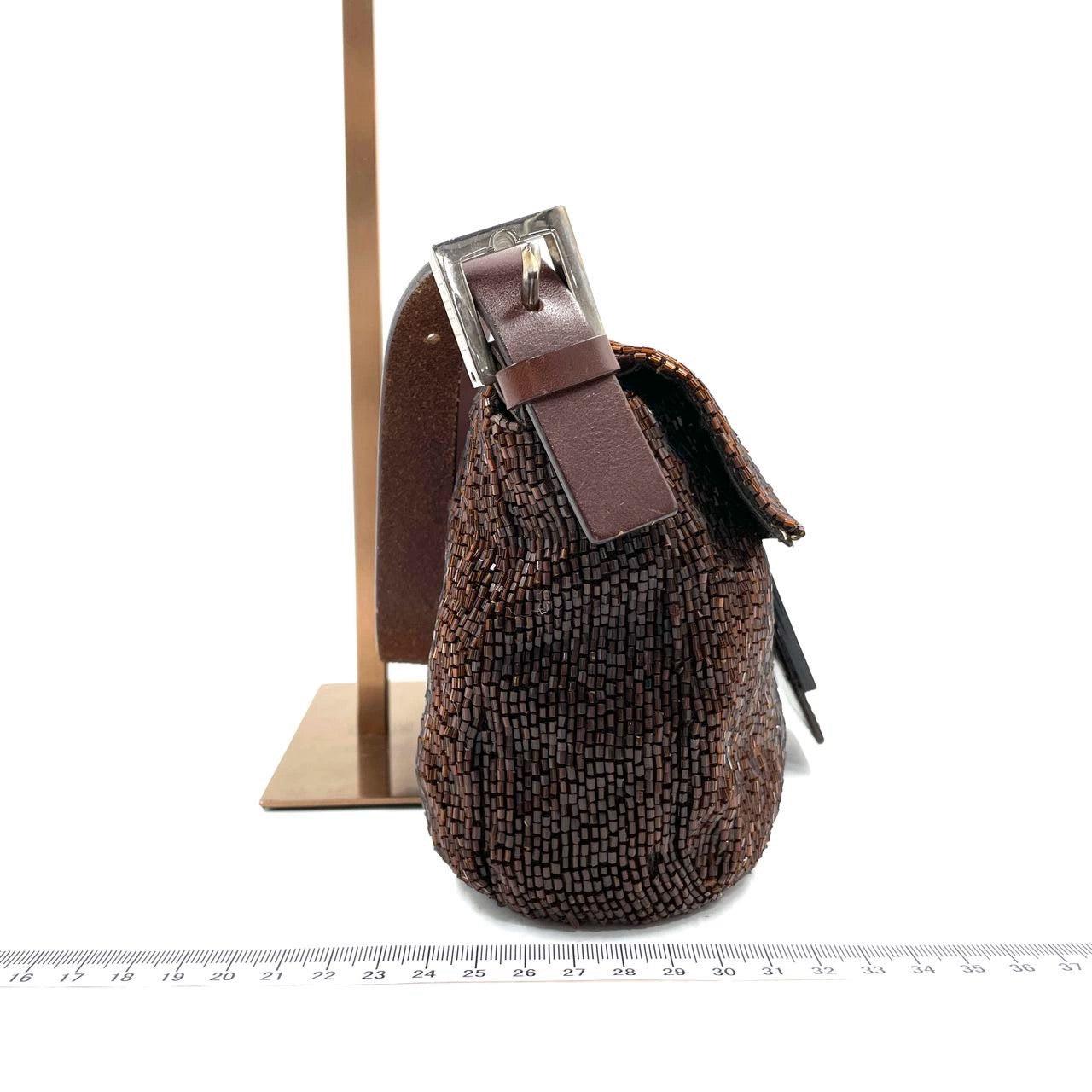 Women's Fendi Baguette Vintage Dark Chocolate Brown Glitter Beads