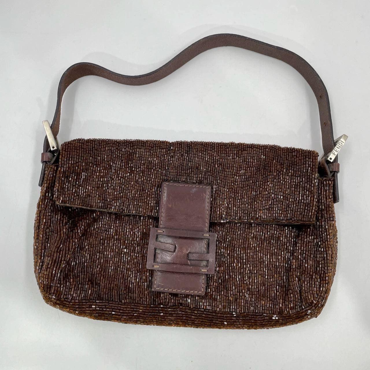 Fendi Baguette Vintage Dark Chocolate Brown Glitter Beads For Sale 3
