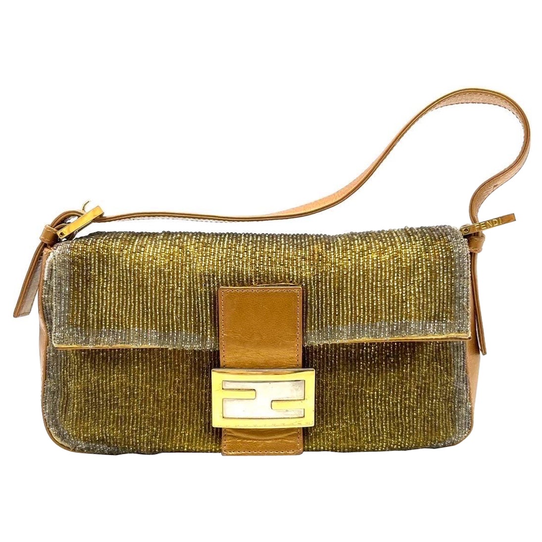Fendi Baguette Vintage Gold Perlen und Gold schillernden Leder im Angebot