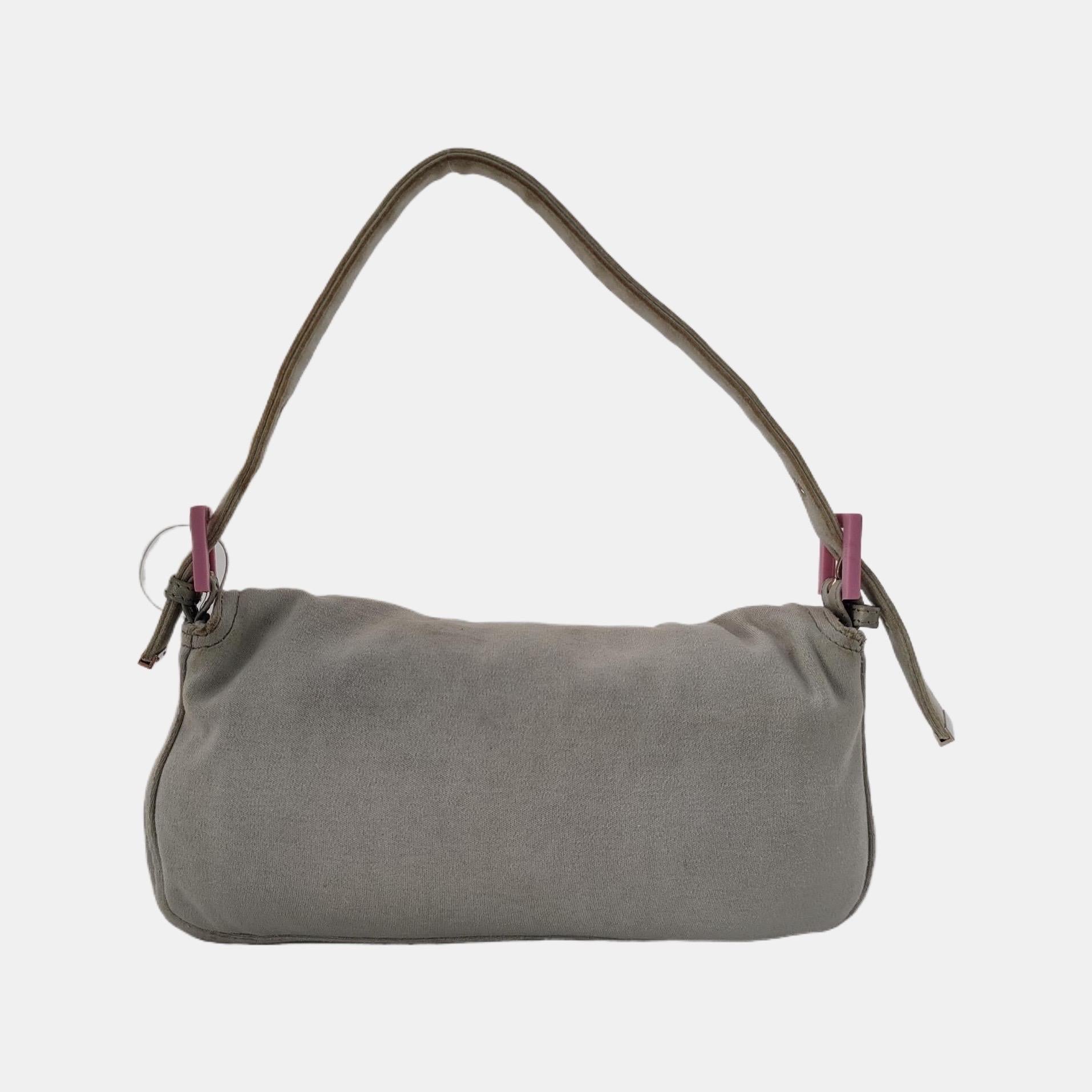 Gray FENDI Baguette Vintage Pale Grey Cloth Pink Buckle For Sale