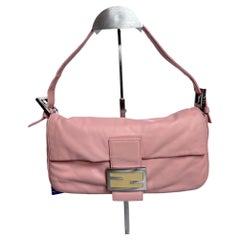FENDI Baguette Vintage Pink Lambskin Leather Shoulder Bag Silver Hardware