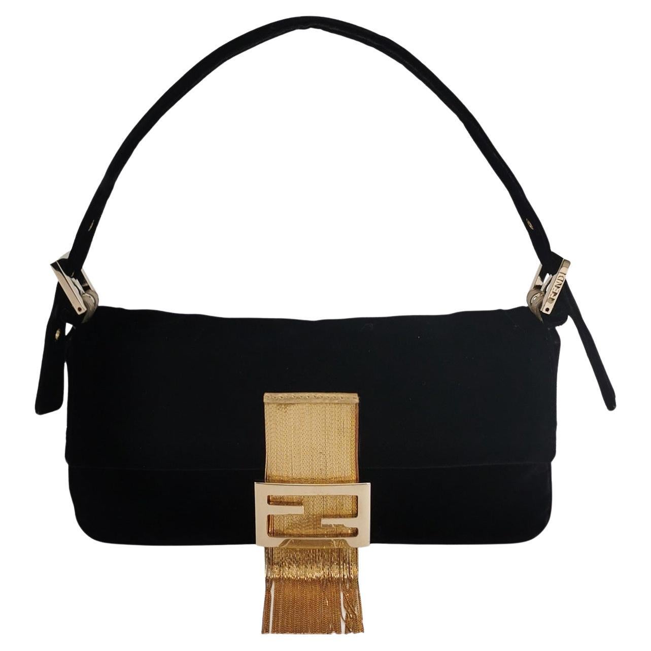 Fendi Baguette Vintage Rare Black Velvet with Gold Metal Tassles