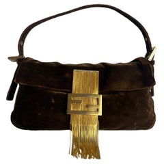 Fendi Baguette Vintage Rare Brown Velvet with Gold Metal Tassles