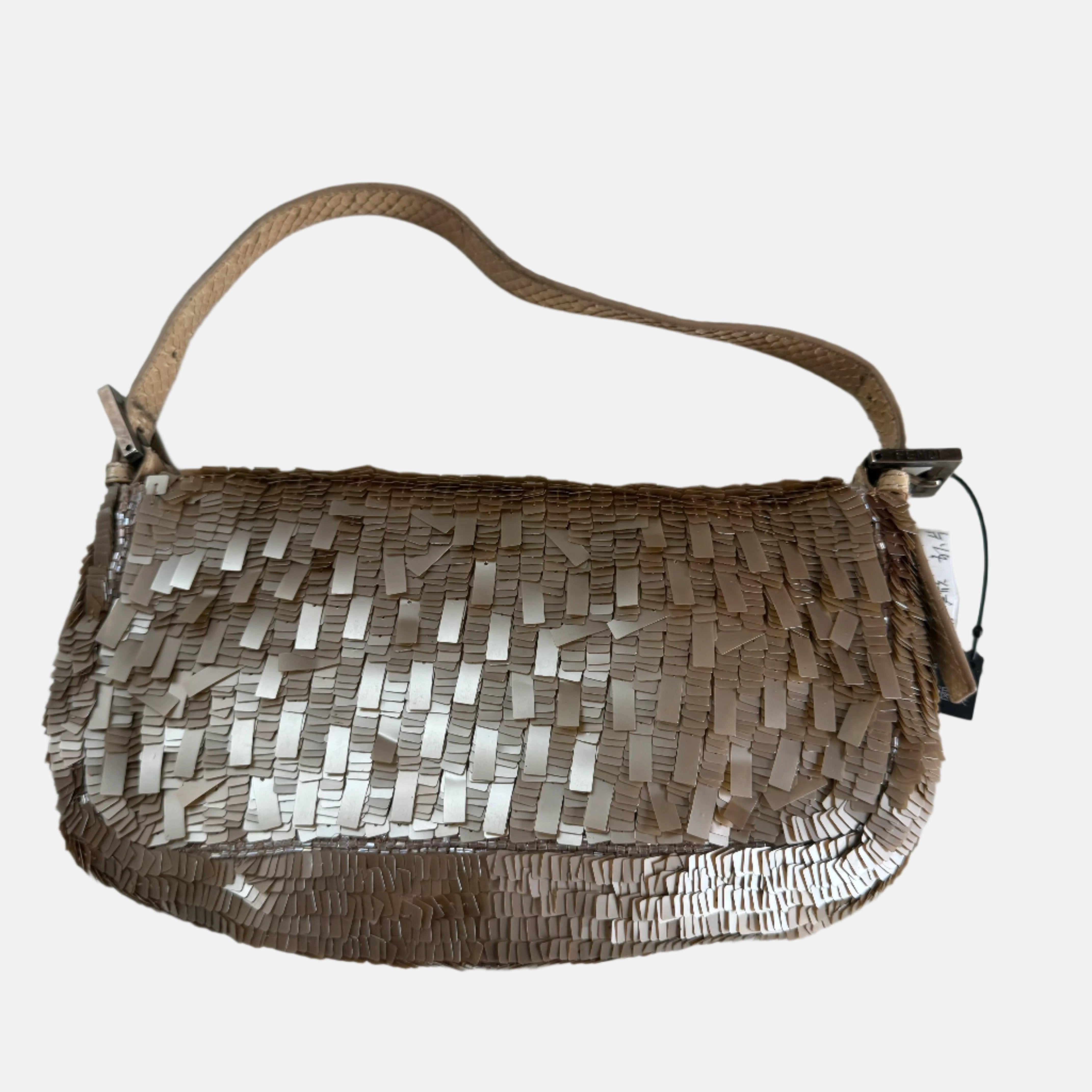 Fendi Baguette Vintage Rare Collectible Gold Sequins and Python leather
 These are professional photos of the actual bag offered by Luxbags.
 This Fendi Baguette definitely stands out from the crowd. Crafted with shimmering gold sequins and python