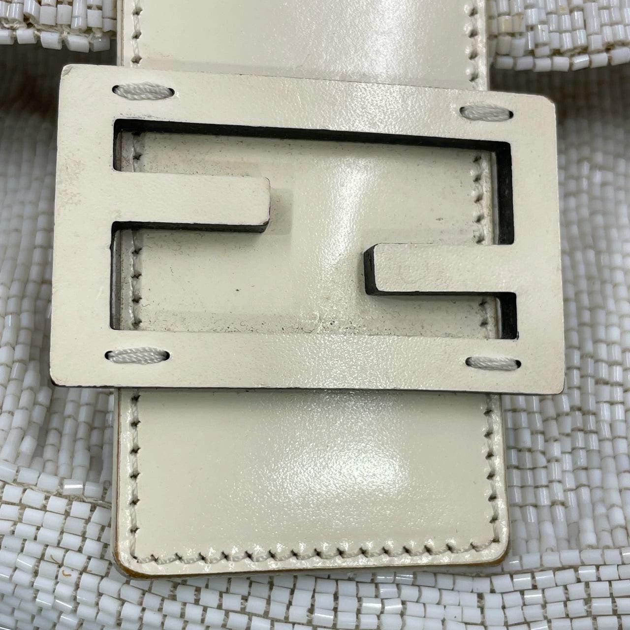 Fendi Baguette Vintage White Glitter Beads Brown Leather 6