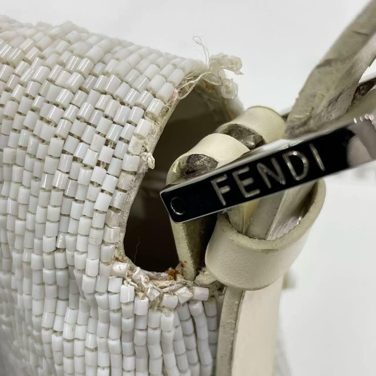 Fendi Baguette Vintage White Glitter Beads Brown Leather 12