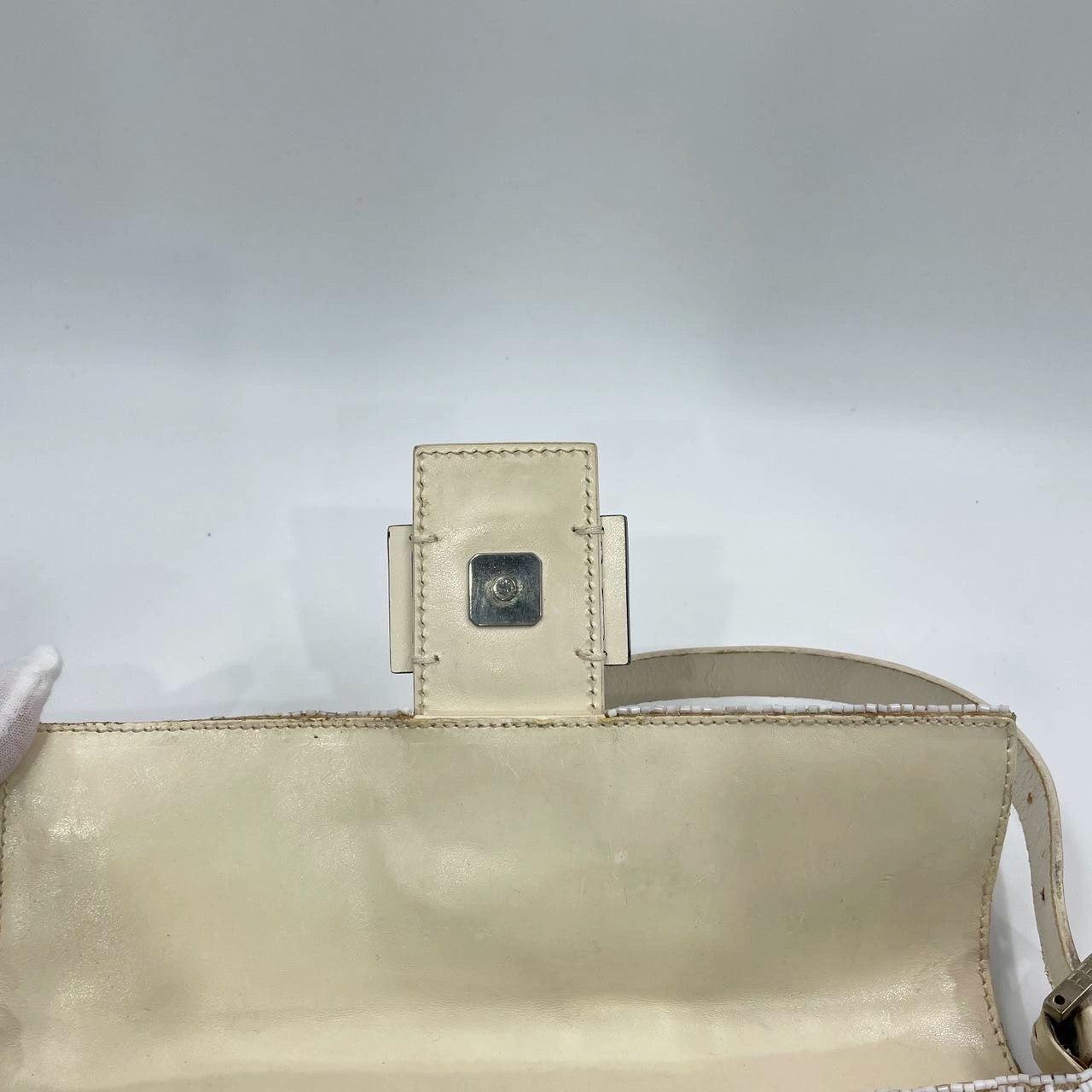Fendi Baguette Vintage White Glitter Beads Brown Leather 13