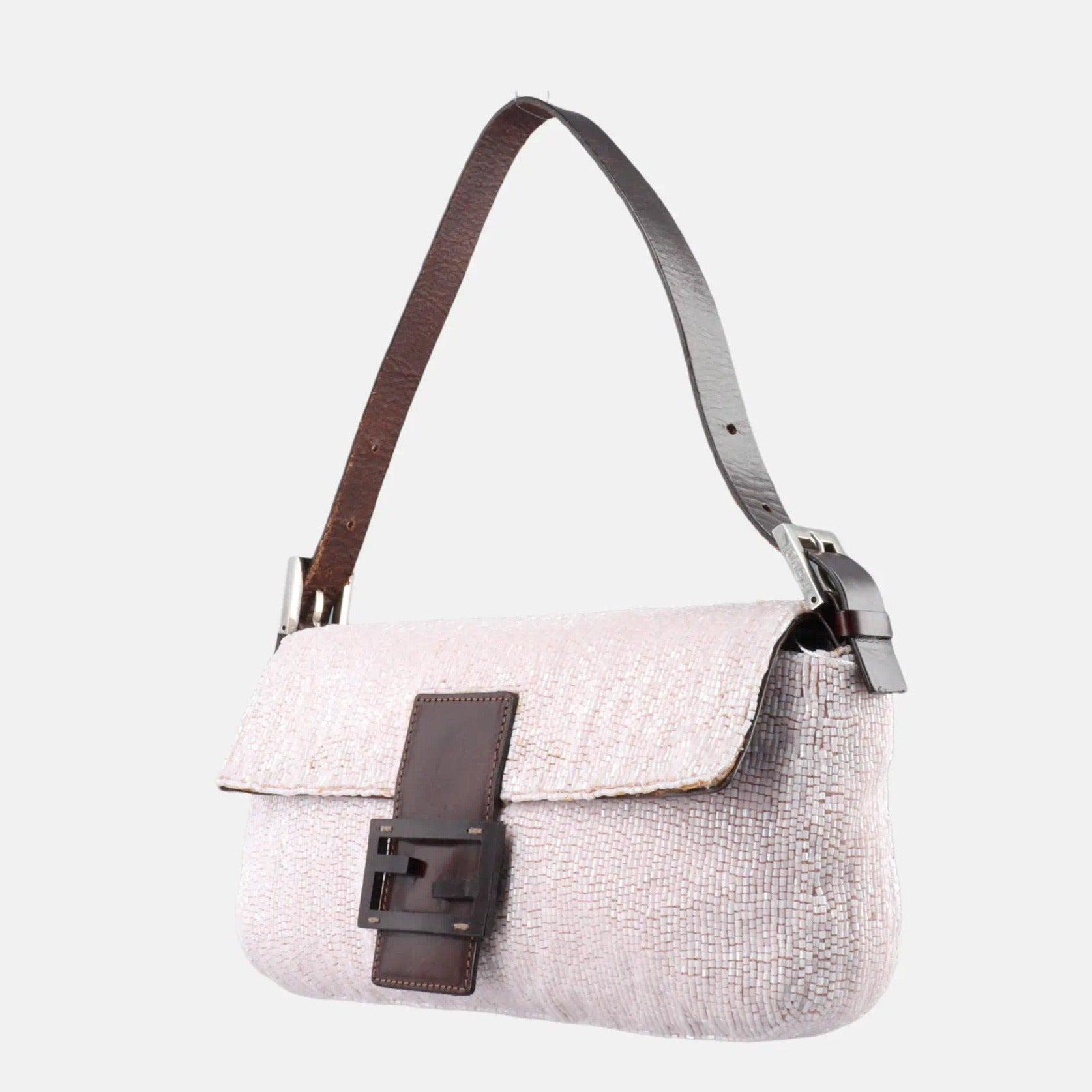 Gray Fendi Baguette Vintage White Glitter Beads Brown Leather