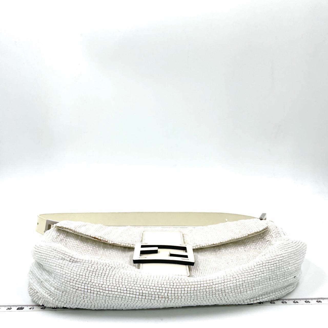 Gray Fendi Baguette Vintage White Glitter Beads Brown Leather