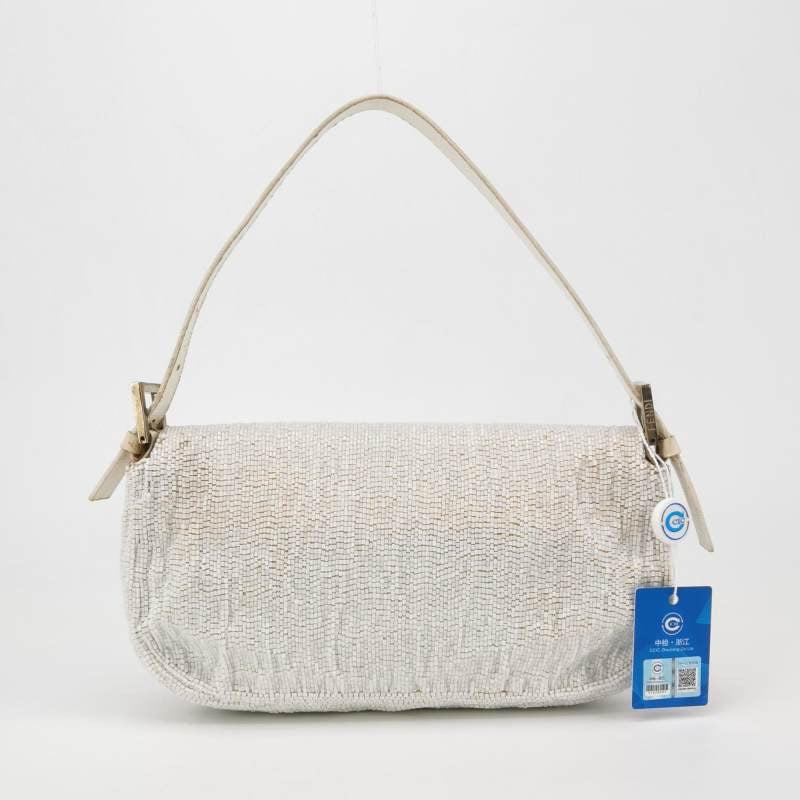 Gray Fendi Baguette Vintage White Glitter Beads Brown Leather