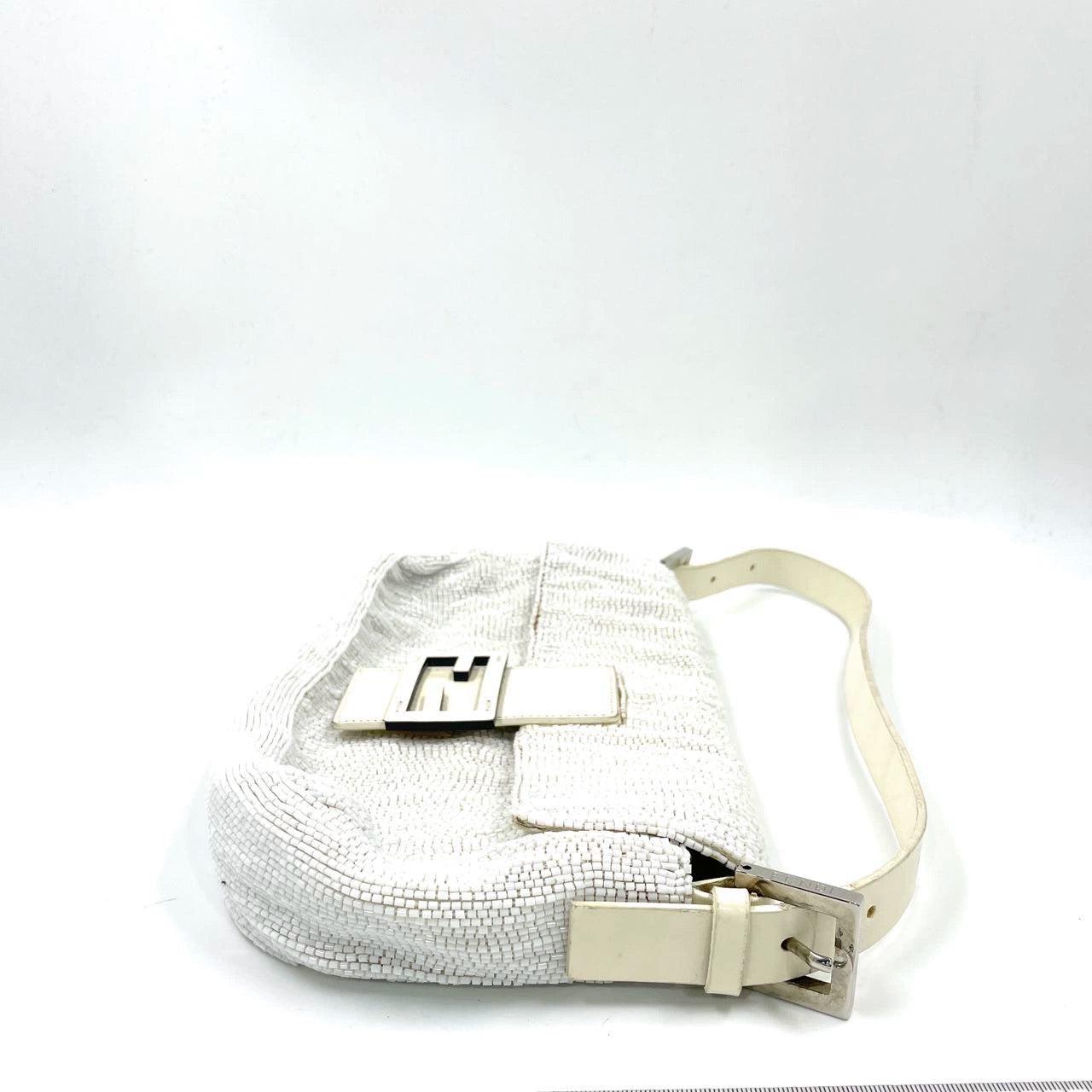 Women's Fendi Baguette Vintage White Glitter Beads Brown Leather