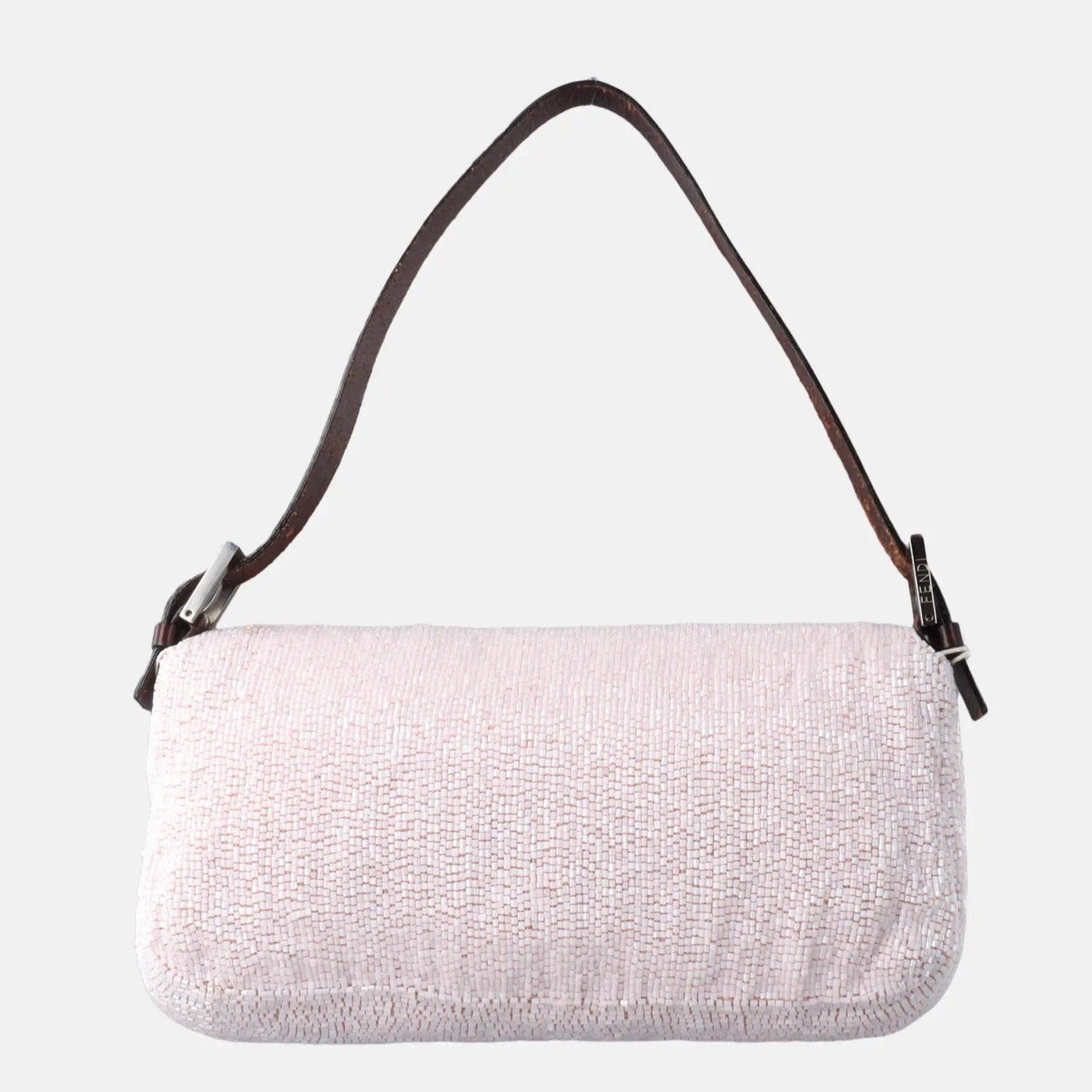 Fendi Baguette Vintage White Glitter Beads Brown Leather 1