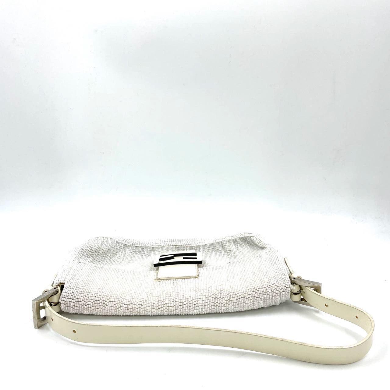 Fendi Baguette Vintage White Glitter Beads Brown Leather 1